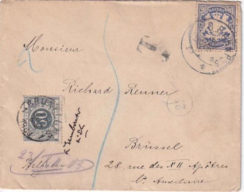 Bayern - 20 Pfg. Wappen Brief n. BELGIEN K.B. Bahnpost - Brüssel 1903 Nachporto!