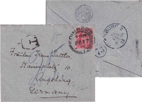 England/Bayern - Edinburgh 1902 unterfrank. Brief n. Augsburg Nachporto !