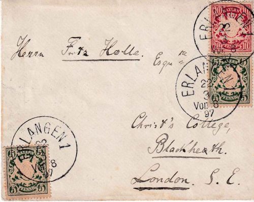 Bayern - 2x5+10 Pfg. Wappen Brief n. ENGLAND K1 Erlangen 1 22.3.97 - London
