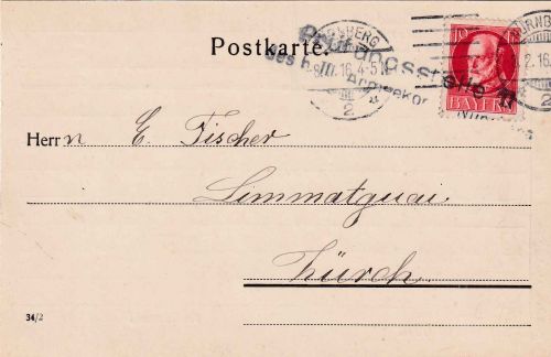 Bayern - 10 Pfg. Ludwig Zensurkarte i.d. SCHWEIZ Nürnberg - Zürich 1916