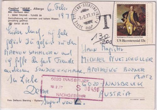 Italien/USA/Österreich - 13 C. US-Marke Karte Sterzing - Innsbruck 1977