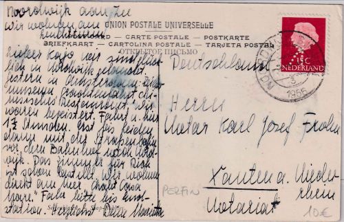Niederlande - 15 C. Wilhelmina Perfin "K" Karte Noordwijk - Xanten 1956