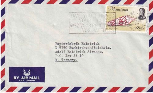 Mauritius - 75 C. Meerestiere/Kegelschnecke Luftpostbrief Port Louis 1974