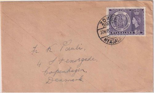 Nyassaland - 6 P. Centarausstellung Brief n. DÄNEMARK Zomba - Kopenhagen 1953