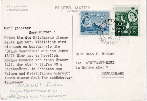 Mauritius - 10+5 C. Freimarken Drucksache/"Maggi-Karte" Port Louis 1960