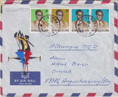 Zaire - 8+4+2x1 K. Mobutu Luftpostbrief Kinshasa - Augustusburg 1972