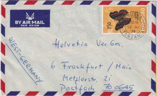 Tansania - 1,50 Sh. Schmetterling Luftpostbrief Arusha - Frankfurt a/M. 1974