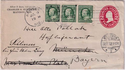 USA/Bayern - 2 C. Ganzsachenumschlag+Zusatz Madison 1912 Weiterleitungsvermerk !