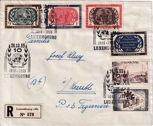 Luxemburg - 10 Jahre UNO ua. Einschreibebrief/FDC ESST Luxembourg Ville 24.10.55