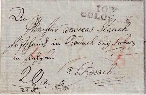 Preussen/Dep. la Roer - 103 Cologne L2 Portobrief n. Rodach b. Coburg ca. 1800