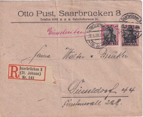 Saargebiet - 40+50 Pfg. Germania/Überdruck Einschreibebrief Saarbrücken 3 1920
