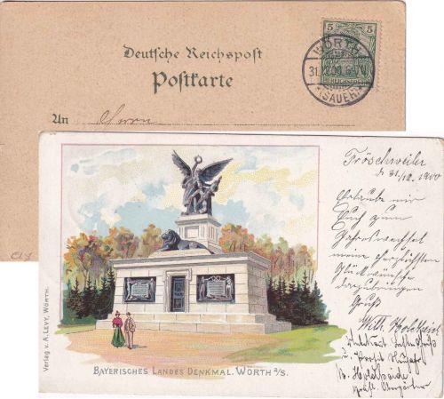DR - Wörth (Sauer) farb. Ansichtskarte Bayer. Landesdenkmal gelaufen 1900