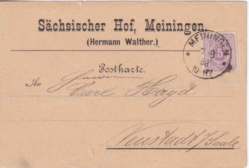 DR - 5 Pfg. Firmenkarte Sächsischer Hof Meiningen - Neustadt a/S. 1883