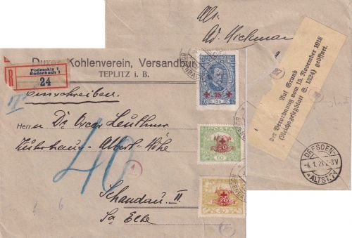 Tschechoslowakei - Rotes Kreuz 1920 Satz Einschreibebrief Bodenbach 1921 Zensur