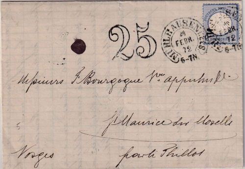 DR - 2 Gr. kl. Schild+25 C. franz. Taxstempel Brief Hufeisen Mühlhausen 24.2.72