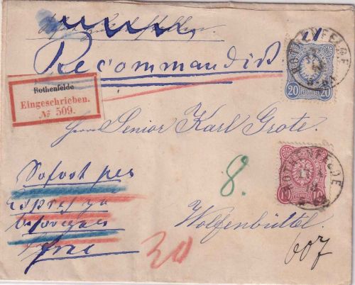 DR - 20+10 PfgE. Eil-Einschreibebrief K1 Rothenfelde - Wolfenbüttel 1878