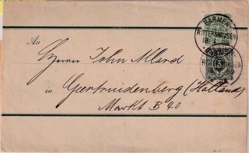 DR - 3 Pfg. Ganzsache+Zusatz Streifband n. HOLLAND KOS Barmen-Rittershausen 1889