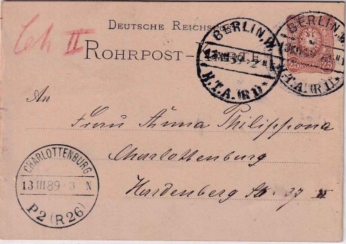 DR - 25 Pfg. Ganzsache Rohrpostkarte Berlin W HTA - Charlottenburg 13.3.89