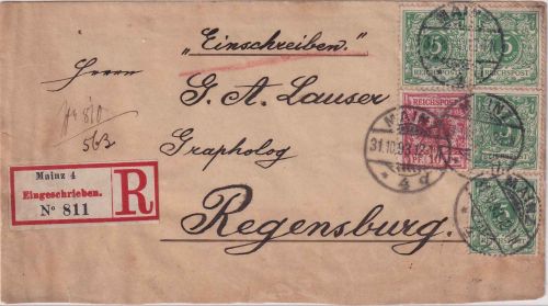 DR - 10+4x5 Pfg. K/A Einschreibebrief Mainz 4 - Regenburg 31.10.93