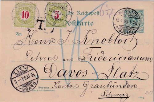 DR - 5 Pfg. K/A Ganzsache Karte i.d. SCHWEIZ Mosbach 1893 Nachporto