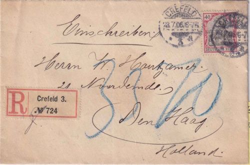 DR - 40 Pfg. Germania o.Wz. Einschreibebrief n. HOLLAND Crefeld 3 - DenHaag 1906
