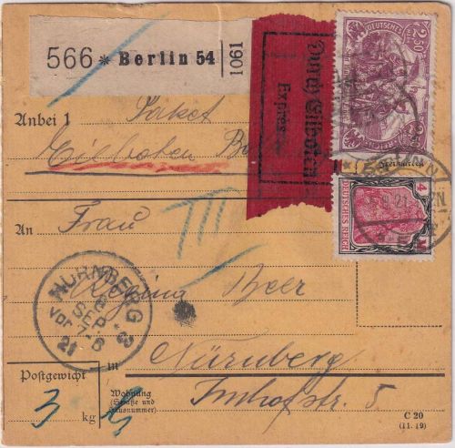 DR - 2,50 M. Nord/Süd u.a. Eilpaketkarte Berlin N54 - Nürnberg 5.9.21