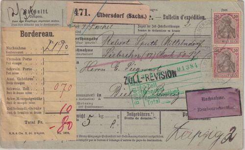 DR - 2x50 Pfg. Germania o.Wz. Nachnahme-Paketkarte i.d. SCHWEIZ Ulbersdorf 1905