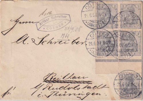 DR - 5x2 Pfg. Germania (u.a. 4er-Block Unterrand !) Brief Köthen - Reilhau 1907