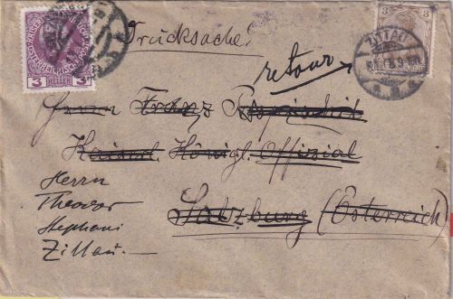DR/Österreich - 3 Pfg. Germania Drucksache Zittau - Salzburg u. retour 1908