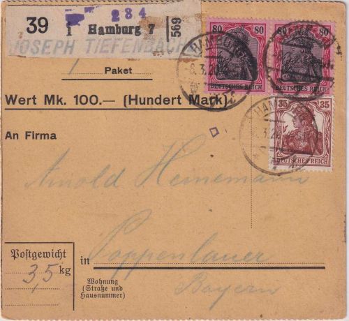 DR - 2x80+35 Pfg. Germania Paketkarte/Selbstbucher Hamburg 7 - Poppenlauer 1920