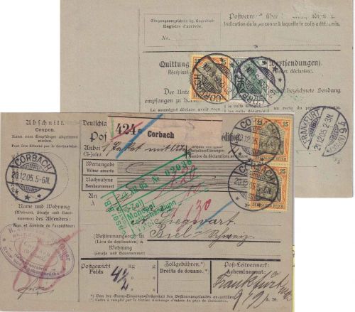 DR - 3x25+5 Pfg. Germania o.Wz. Paketkarte i.d. SCHWEIZ Corbach - Biel 1905