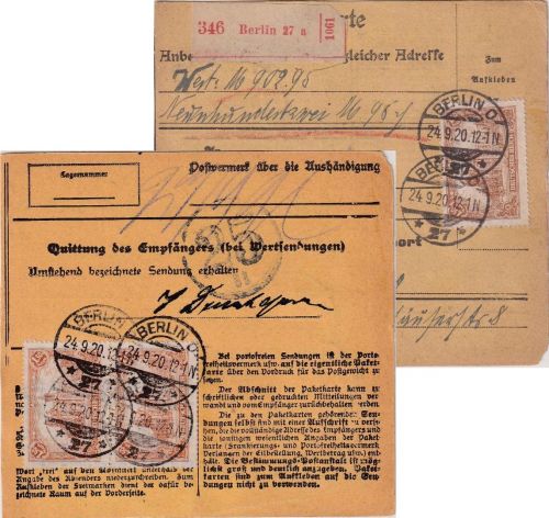 DR - 3x1,50 M. Reichspostamt Wertpaketkarte Berlin O27 - Nürnberg 24.9.20