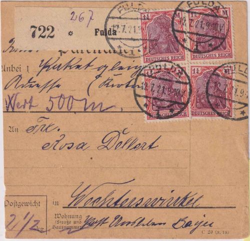 DR - 4x1 1/4 M. Germania Wertpaketkarte Fulda - Unsleben 12.7.21