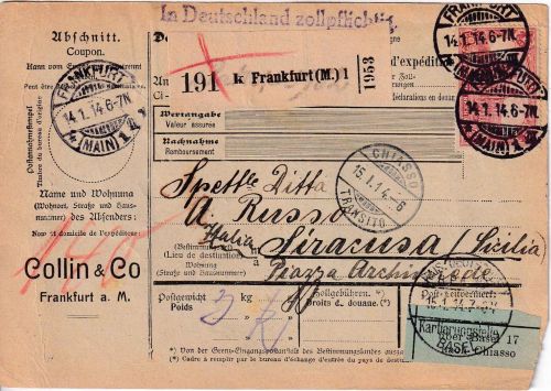 DR - 1 M. Reichspostamt u.a. Paketkarte n. ITALIEN (Sizilien) Frankfurt a/M 1914