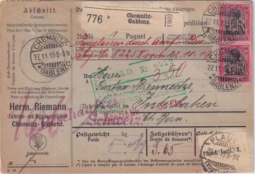 DR - 2x80 Pfg. Germania Perfin "HR" Paketkarte id. SCHWEIZ Chemnitz-Gablenz 1919