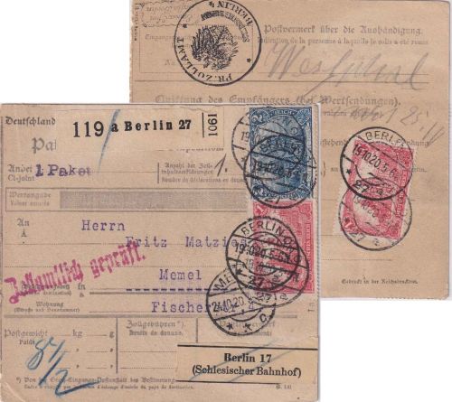 DR - 2 M. Nord/Süd u.a. Paketkarte Berlin O27 - Memel 19.10.20