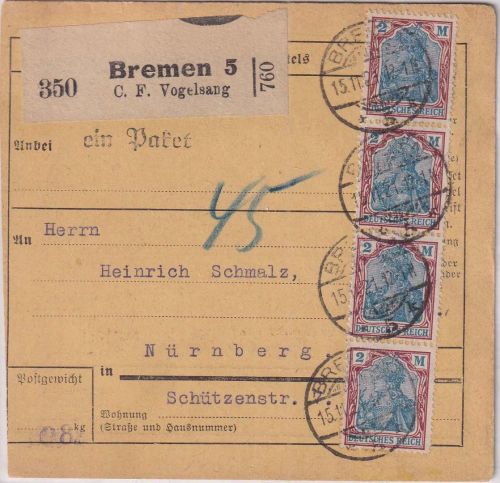 DR - 4x2M. Germania Paketkarte Bremen 5/Selbstbucher - Nürnberg 15.11.21