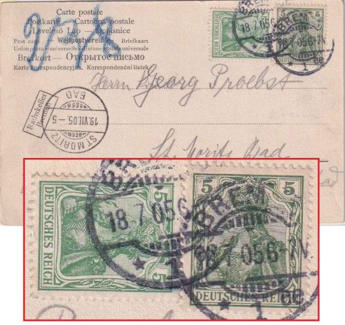 DR - 2x5 Pfg. Germania (deutlich unterschied. Farbtöne) Karte i.d. SCHWEIZ 1905
