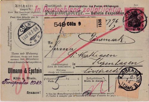 DR - 80 Pfg. Germania Paketkarte n. DÄNEMARK Cöln 9 - Kopenhagen 1910
