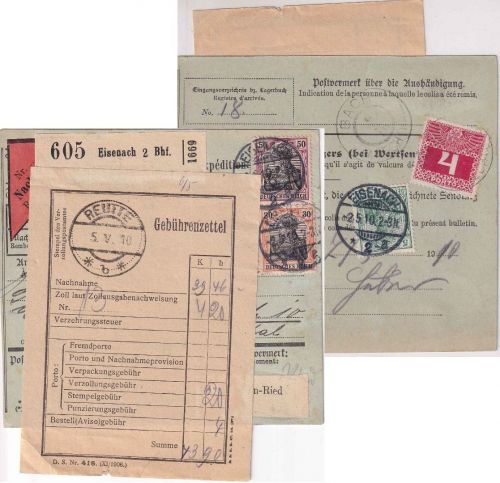 DR - 50+30+5 Pfg. Germania Nachnahme-Paketkarte n. ÖSTERREICH Eisenach 1910