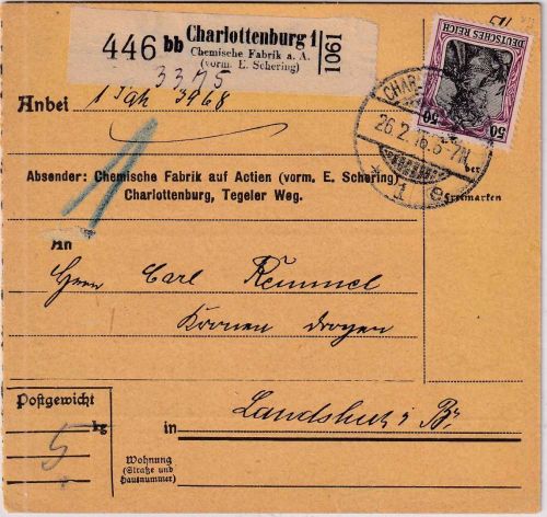 DR - 50 Pfg. Germania Paketkarte/Selbstbucher Charlottenburg - Landshut 1916