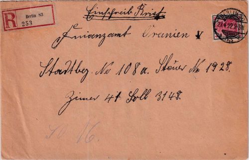 DR - 4 M. Germania Ortseinschreibebrief (2. Gew.st./20-100g) Berlin SO33 27.4.22