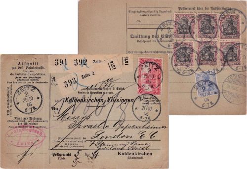DR - 1 M. Reichspostamt o.Wz. u.a. Paketkarte (3 Pakete) n. ENGLAND Zeitz 2 1905