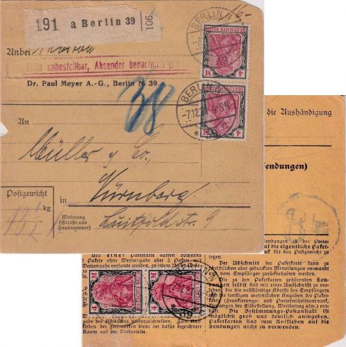 DR - 4x4 M. Germania Paketkarte Berlin N39 - Nürnberg 7.12.21
