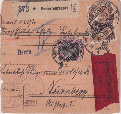 DR - 1,50 M. Reichspostamt u.a. Eilpaketkarte Grossröhrsdorf - Nürnberg 26.4.20