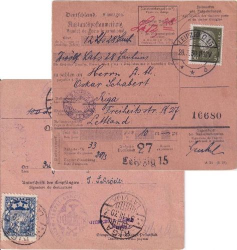 DR - 30 Pfg. Ebert Postanweisung n. LETTLAND Leipzig - Riga 1930 Ausz.gebühr !