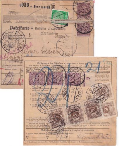 DR - 5x100 Pfg. Korbdeckel u.a. Paketkarte n. POLEN Berlin C25 - Lemberg 1933