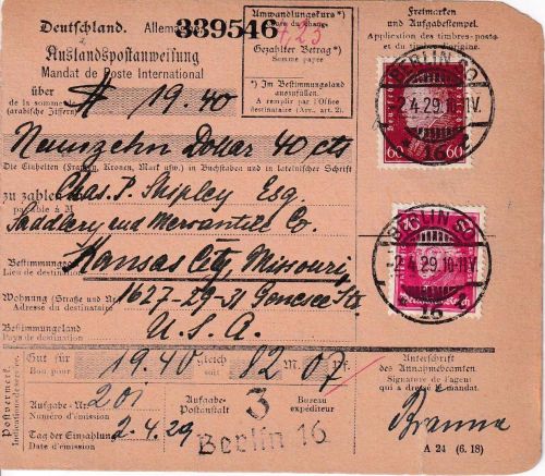 DR - 60 Pfg. Ebert u.a. Postanweisung n. USA Berlin SO16 - Kansas City 1929