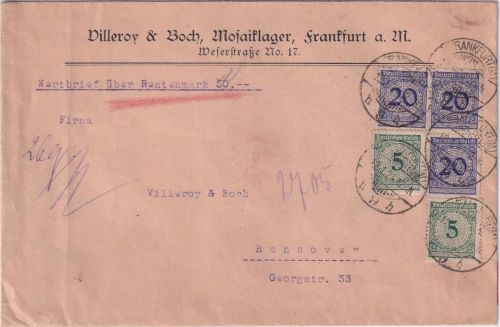 DR - 3x20+2x5 Pfg. Korbdeckel Wertbrief (50 RM) Frankfurt a/M - Hannover 12.1.24