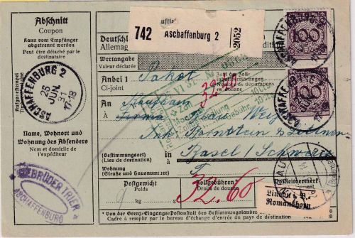 DR - 2x100 Pfg. Korbdeckel u.a. Paketkarte i.d. SCHWEIZ Aschaffenburg 1931
